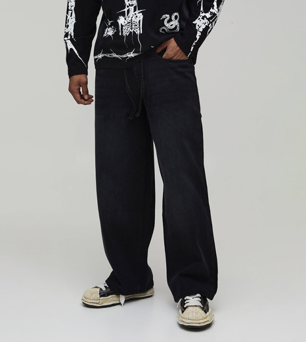 Drawcord Stonewash Baggy Fit Jeans