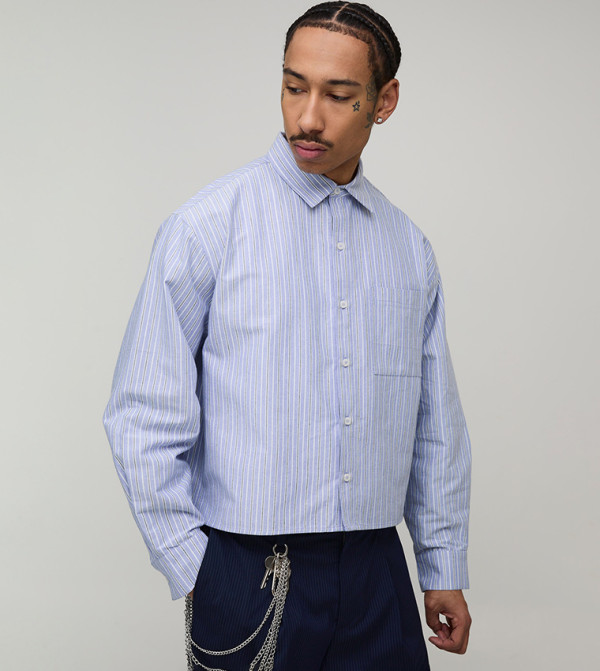 Striped Long Sleeves Oversized Crop Shirt