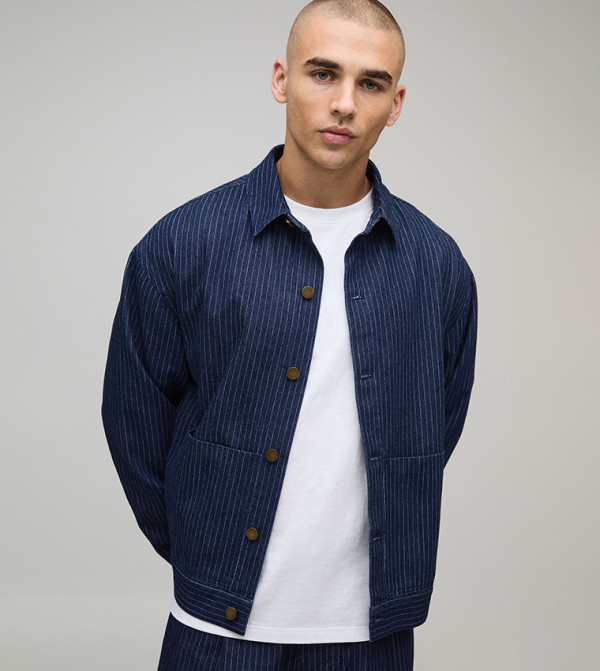 Pinstriped Twill Oversized Overshirt