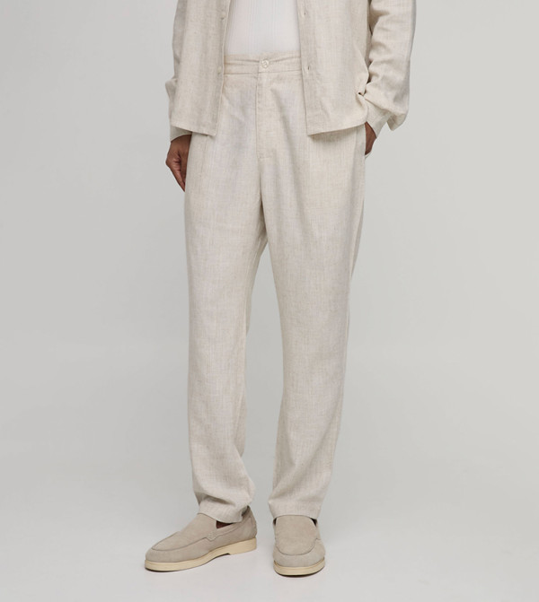 بنطلون مزيج لينن ضيق سادة بخصر نصف مرن