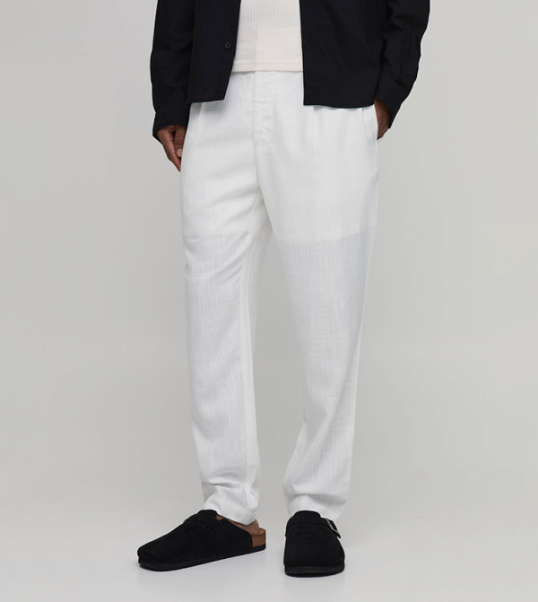 بنطلون مزيج لينن ضيق سادة بخصر نصف مرن