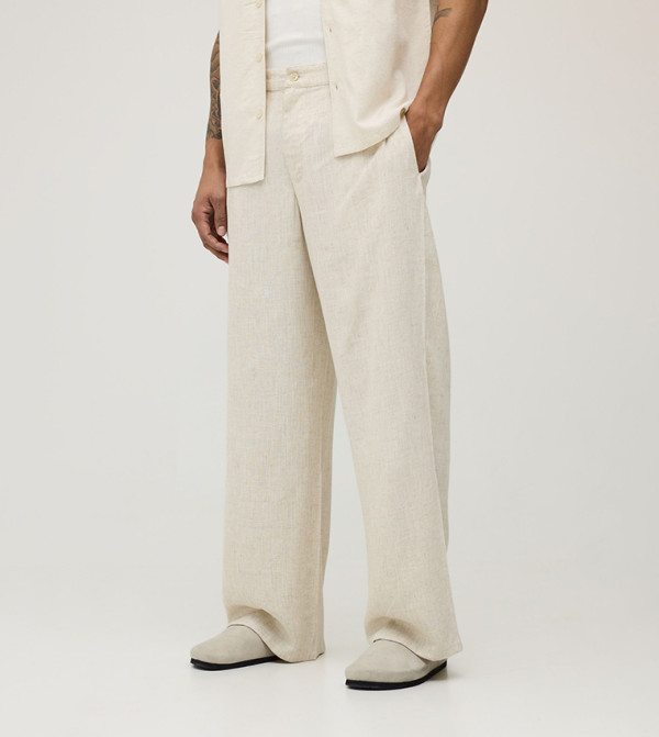 Half & Half Waist Linen Blend Wide Leg Trousers