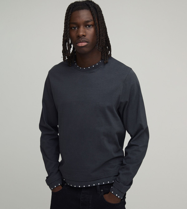 Heavyweight Washed Studded Long Sleeves Boxy Fit T-Shirt