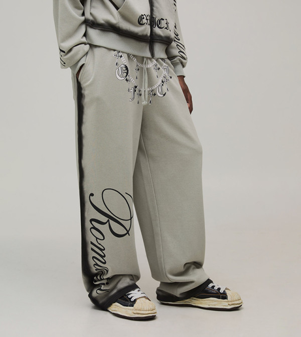Spray Wash Slogan Printed Wide Leg Sweatpants