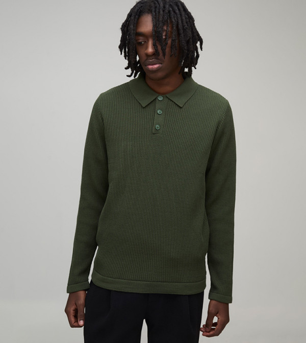 Waffle Regular Fit Long Sleeves Knitted Polo T-Shirt