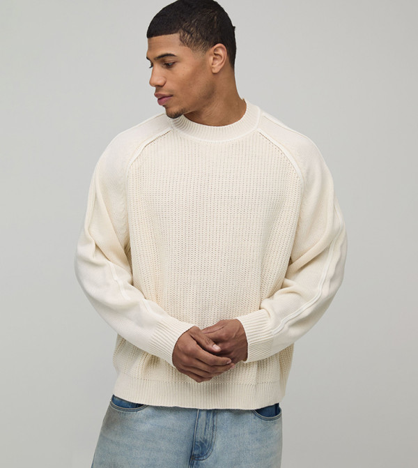 Heavy Ribbed Piping Crew Neck Oversized Knitted Sweater