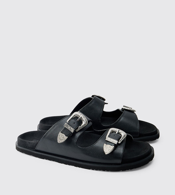 Faux Suede Double Strap Western Buckle Comfort Sandals