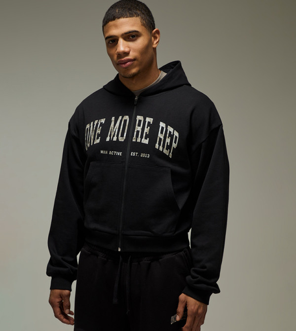 One More Rep Shrunken Boxy Zip-Through Hoodie