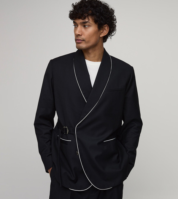 Satin Trim Wrap Buckle Relaxed Fit Blazer