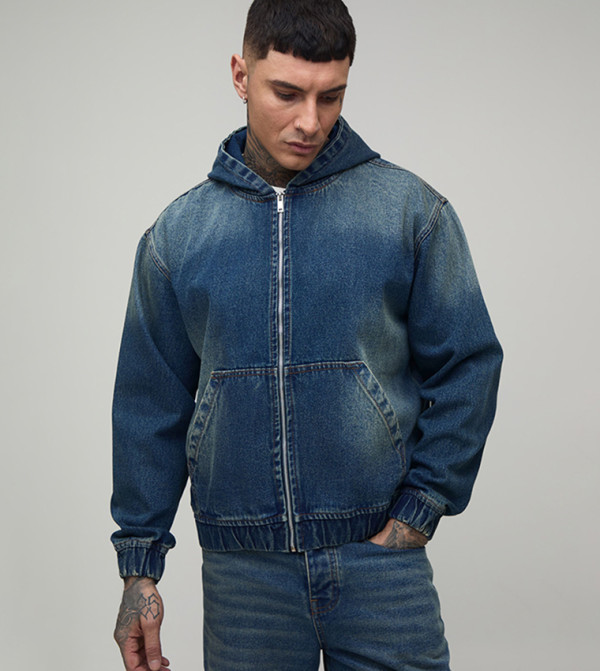 Tall Washed Zip-Up Hooded Denim Jacket