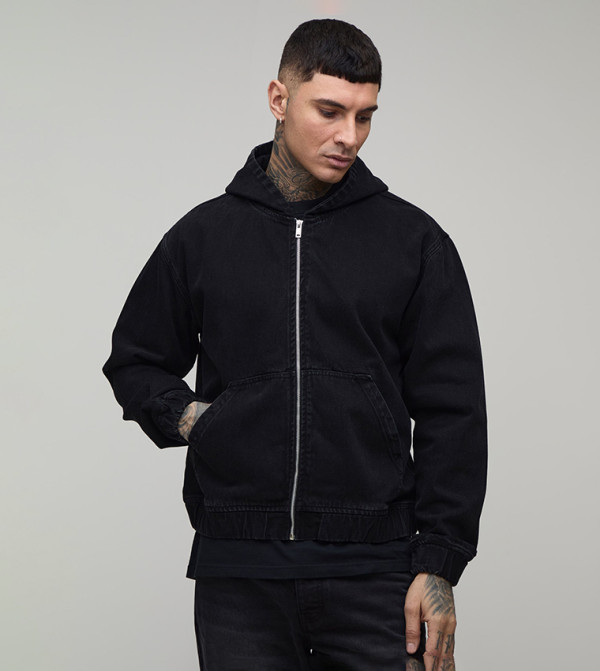 جاكيت جينز مغسول بسحاب كامل وهودي للمقاسات الطويلة