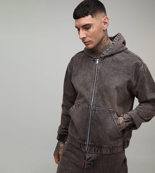 Tall Washed Zip-Up Hooded Denim Jacket