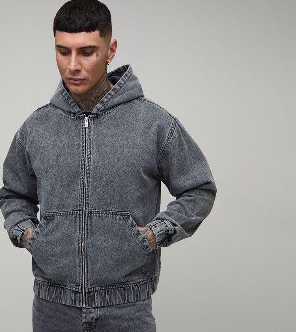 Tall Washed Zip-Up Hooded Denim Jacket