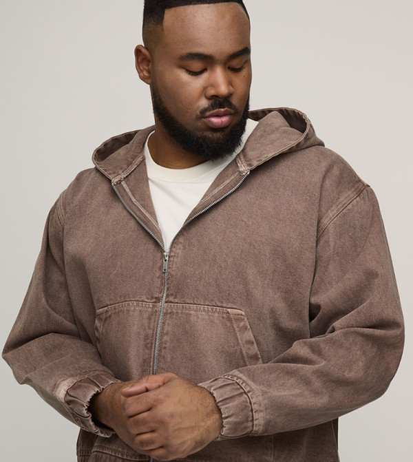 Tinted Washed Zip-Up Denim Hooded Jacket