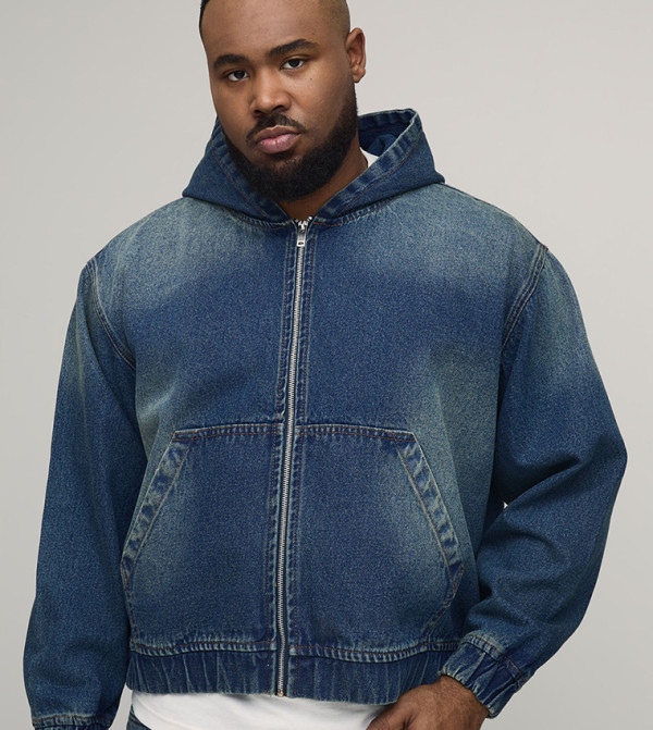 Washed Zip-Up Hooded Denim Jacket