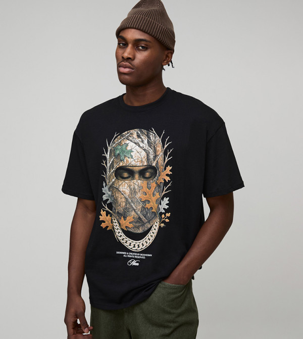 Crew Neck Ski Mask Print Oversized T-Shirt