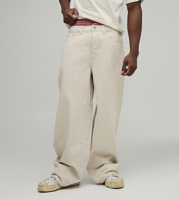 جينز واسع بخصر مزين بفصوص للمقاسات الطويلة