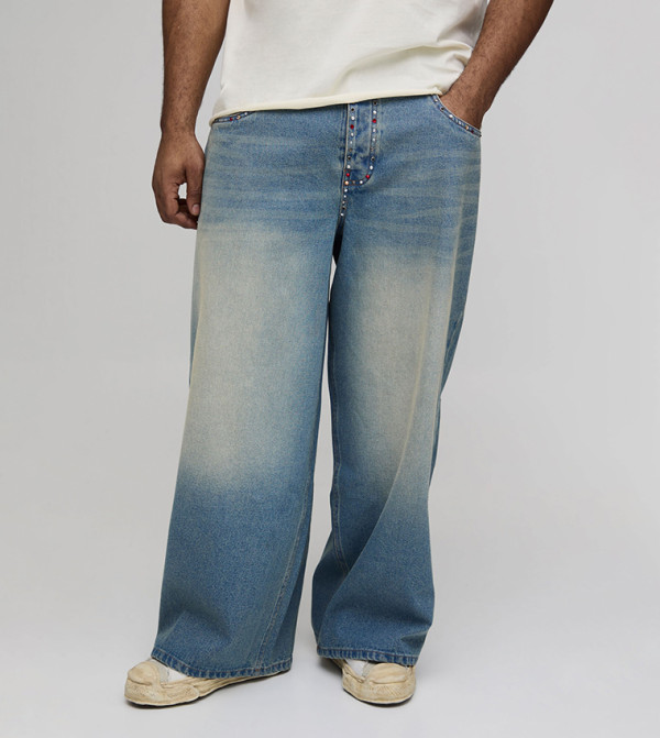 Rhinestone Trim Multi Pocket Baggy Fit Jeans
