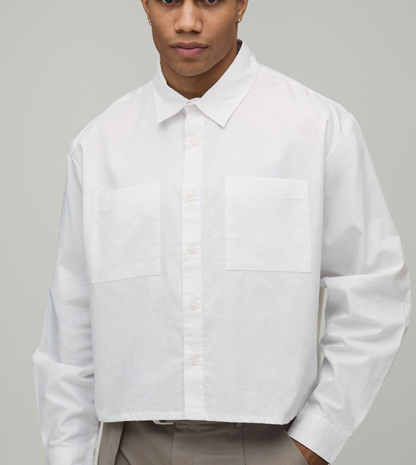 Solid Boxy Fit Cropped Long Sleeves Oxford Shirt