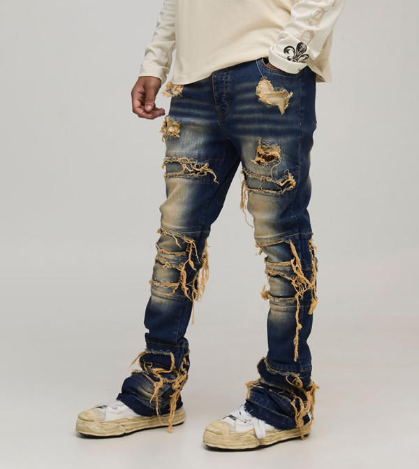 Stacked Bleach Wash Distressed Skinny Fit Flared Jeans