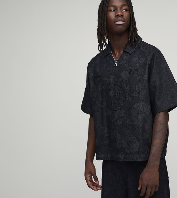 Floral Embroidered Short Sleeves Denim Shirt