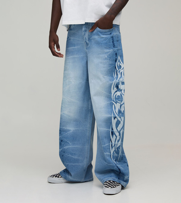 Tie Dye Wash Tribal Print Baggy Fit Jeans