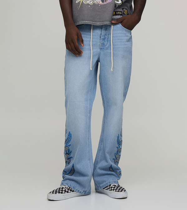 Rope Belted Embellished Printed Flared Jeans