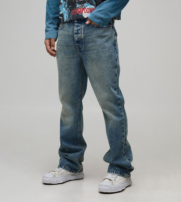 Stonewash Raw Seam Detail Slim Flared Jeans