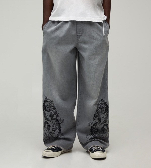 Dragon Embroidered Elasticated Waist Super Baggy Fit Jeans