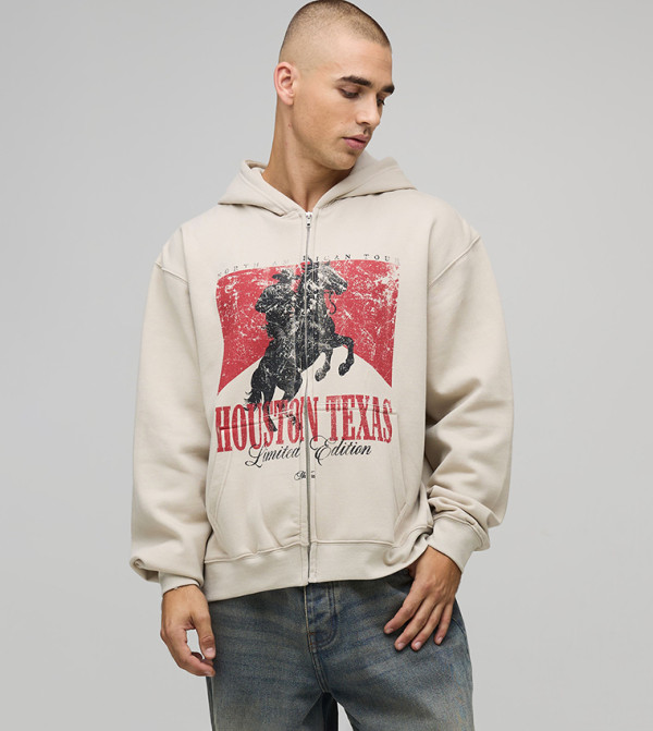Stone Houston Texas Print Zip Through Oversized Hooded Jacket
