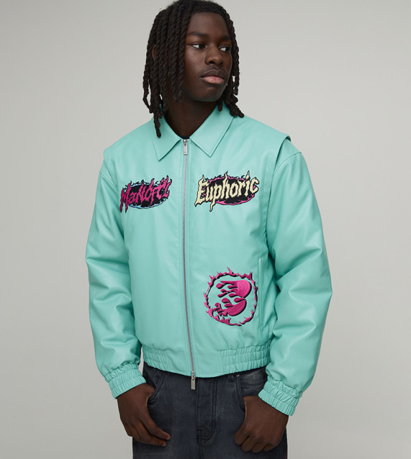 Euphoric Graphic PU Applique Boxy Fit Varsity Jacket