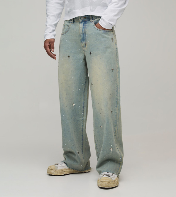 Studded Rhinestone Raw Hem Baggy Fit Jeans