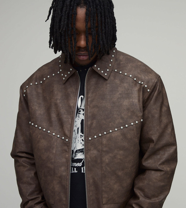 Tall Croc PU Studded Embellished Harrington Boxy Fit Jacket