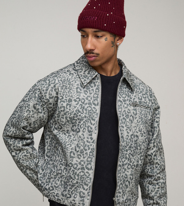 Leopard Print Twill Harrington Boxy Fit Jacket