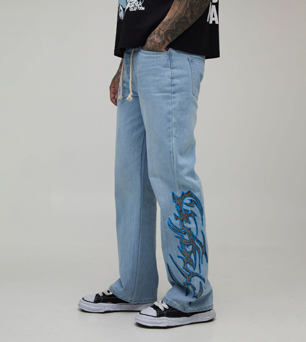 Tall Rope Belted Embellished Printed Flared Jeans