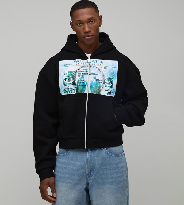 Shrunken Fit Washed License Graphic Hooded Jacket