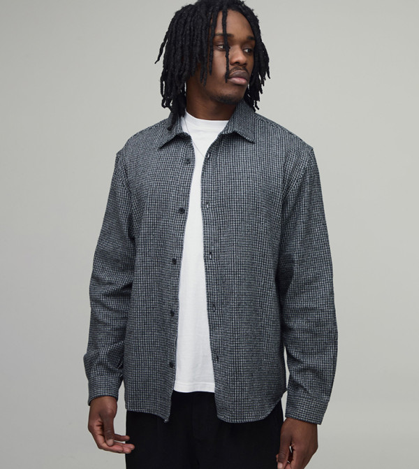 Tall Hem Micro Check Long Sleeves Oversized Shirt