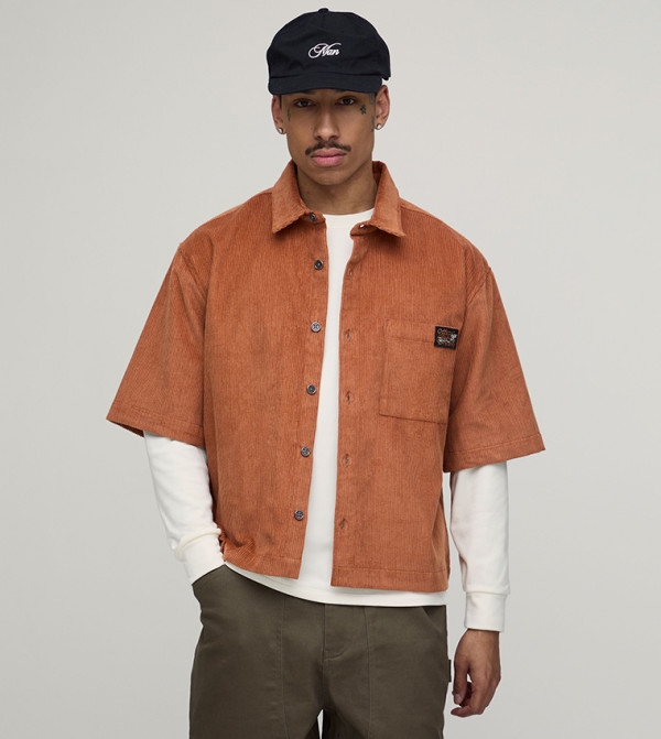 Short Sleeves Cord Woven Tab Oversized Shirt
