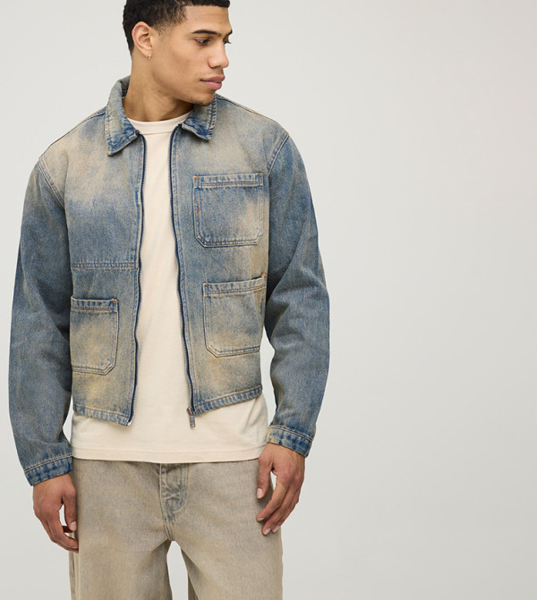 Bleached Washed Boxy Fit Harrington Denim Jacket