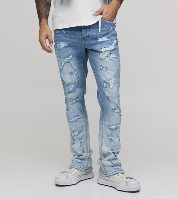 Washed Ripped Ombre Bleach Skinny Stretch Flared Jeans