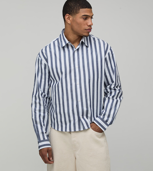 Stripe Long Sleeves Curved Hem Oversized Shirt