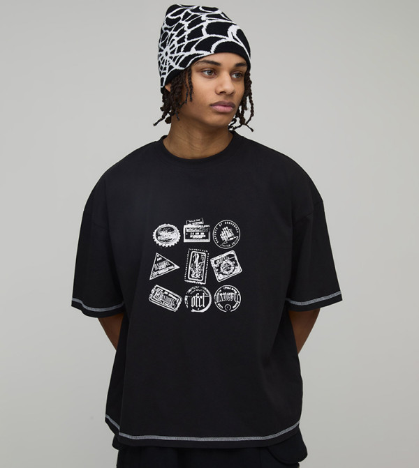 Contrast Stitch Stamp Print Oversized T-Shirt