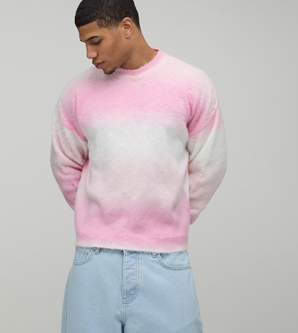 Relaxed Boxy Crew Neck Ombre Knitted Jumper