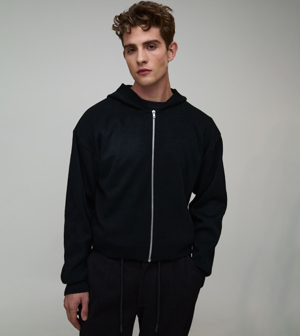 Solid Boxy Fit Soft Touch Knitted Hooded Jacket