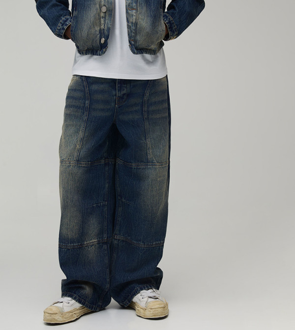Rigid Bleach Washed Panelled Baggy Fit Jeans