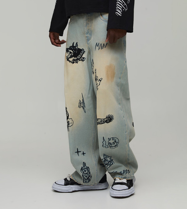 Doodle Embroidered Stonewash Super Baggy Fit Jeans