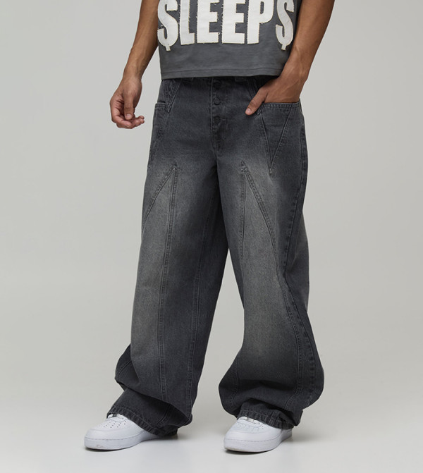 Panelled Washed Baggy Fit Jeans