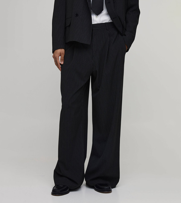 Pinstriped Wide Leg Pleat Front Tailored Trousers
