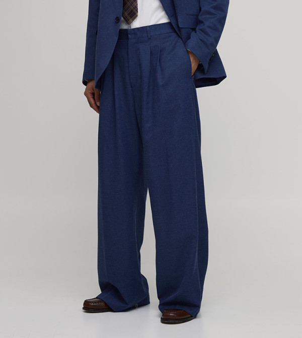 Denim Look Wide Leg Pleat Front Tailored Trousers