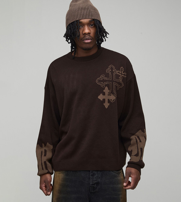 Tall Cross Graphic Crew Neck Oversized Knitted Sweater